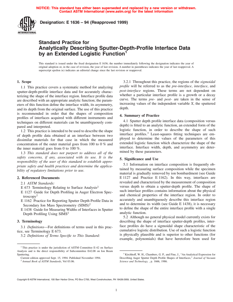 ASTM E1636-94(1999) - Standard Practice for Analytically Describing Sputter-Depth-Profile Interface Data by an Extended Logistic Function