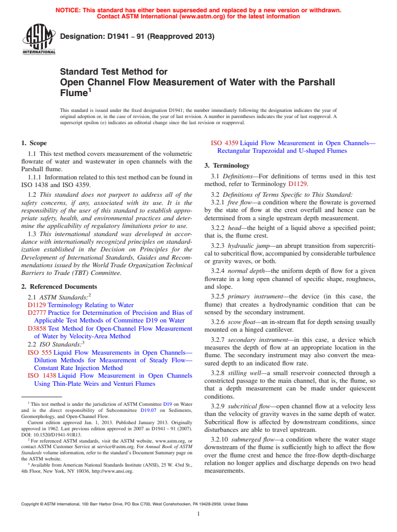 ASTM D1941-91(2013) - Standard Test Method for  Open Channel Flow Measurement of Water with the Parshall Flume