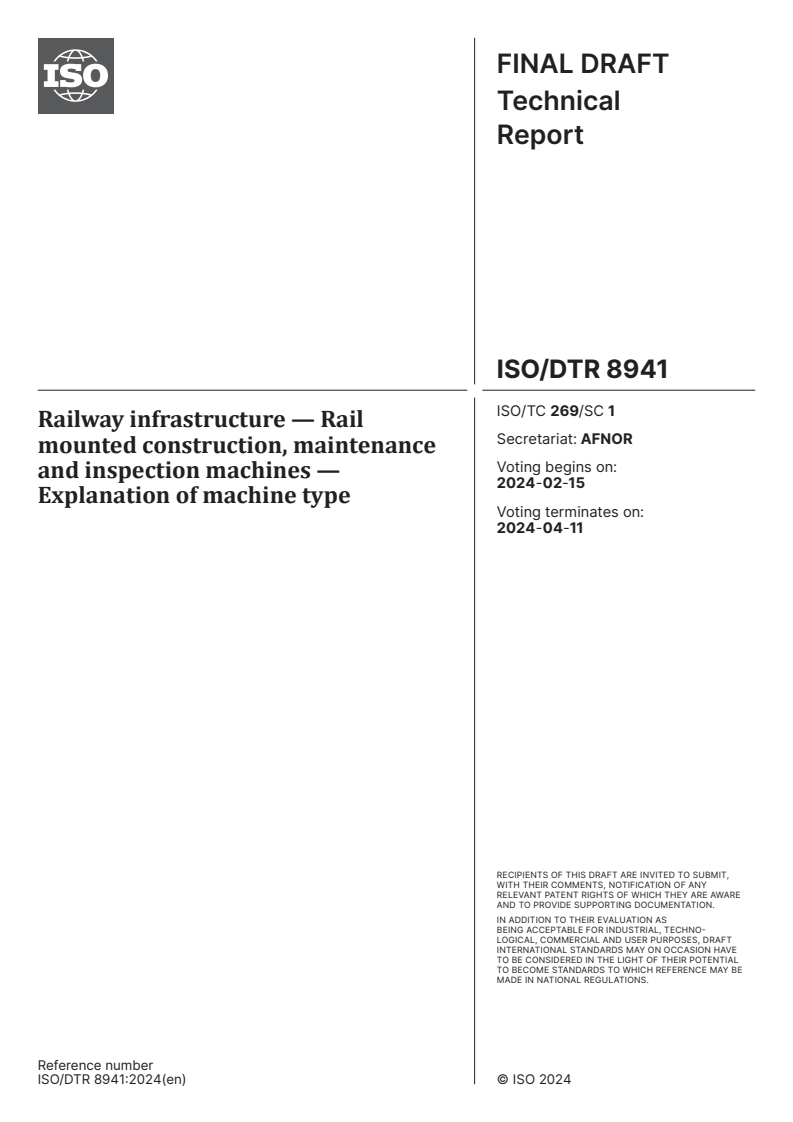 ISO/DTR 8941 - Railway infrastructure — Rail mounted construction, maintenance and inspection machines — Explanation of machine type
Released:1. 02. 2024