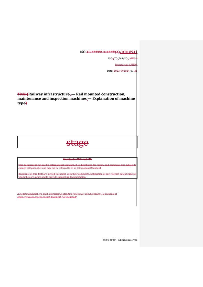 REDLINE ISO/DTR 8941 - Railway infrastructure — Rail mounted construction, maintenance and inspection machines — Explanation of machine type
Released:1. 02. 2024