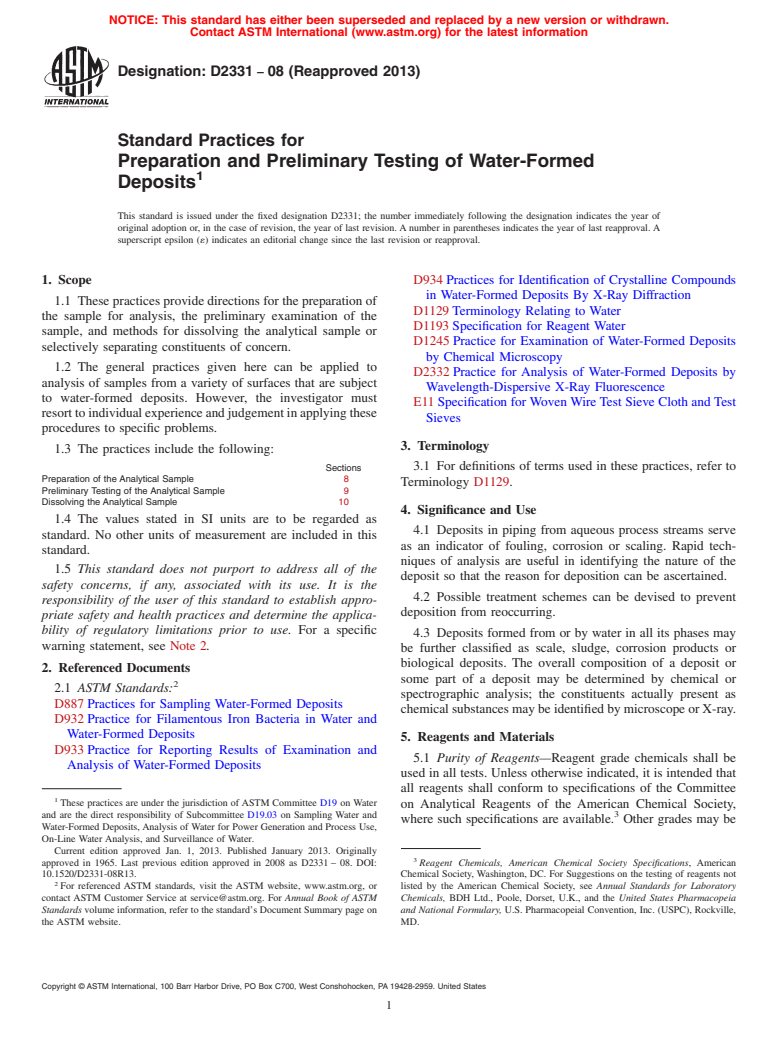 ASTM D2331-08(2013) - Standard Practices for  Preparation and Preliminary Testing of Water-Formed Deposits