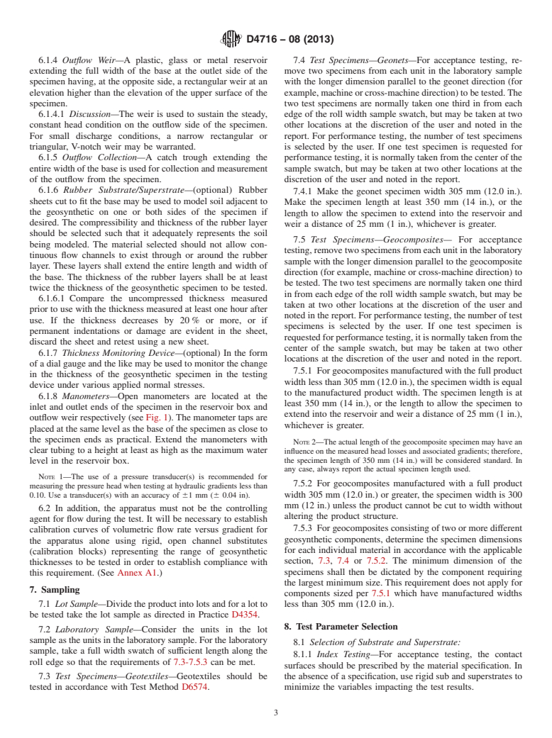 ASTM D4716-08(2013) - Standard Test Method for  Determining the (In-plane) Flow Rate per Unit Width and Hydraulic   Transmissivity of a Geosynthetic Using a Constant Head