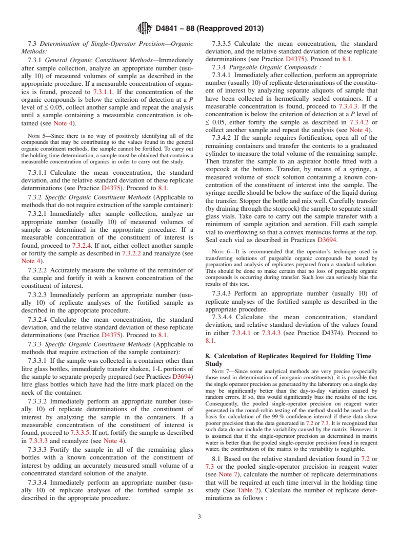 ASTM D4841-88(2013) - Standard Practice for  Estimation of Holding Time for Water Samples Containing Organic  and Inorganic Constituents