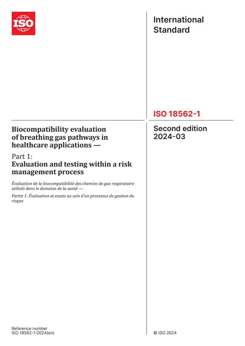 ISO 18562-1:2024 - Biocompatibility evaluation of breathing gas pathways in healthcare applications — Part 1: Evaluation and testing within a risk management process
Released:8. 03. 2024