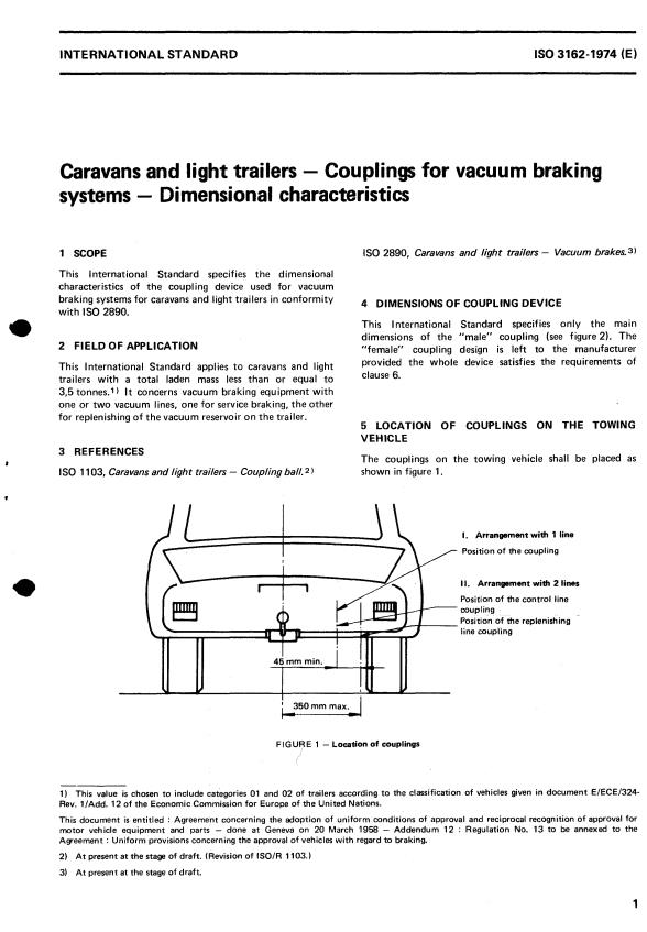 ISO 3162:1974 - Caravans and light trailers -- Couplings for vacuum braking systems -- Dimensional characteristics