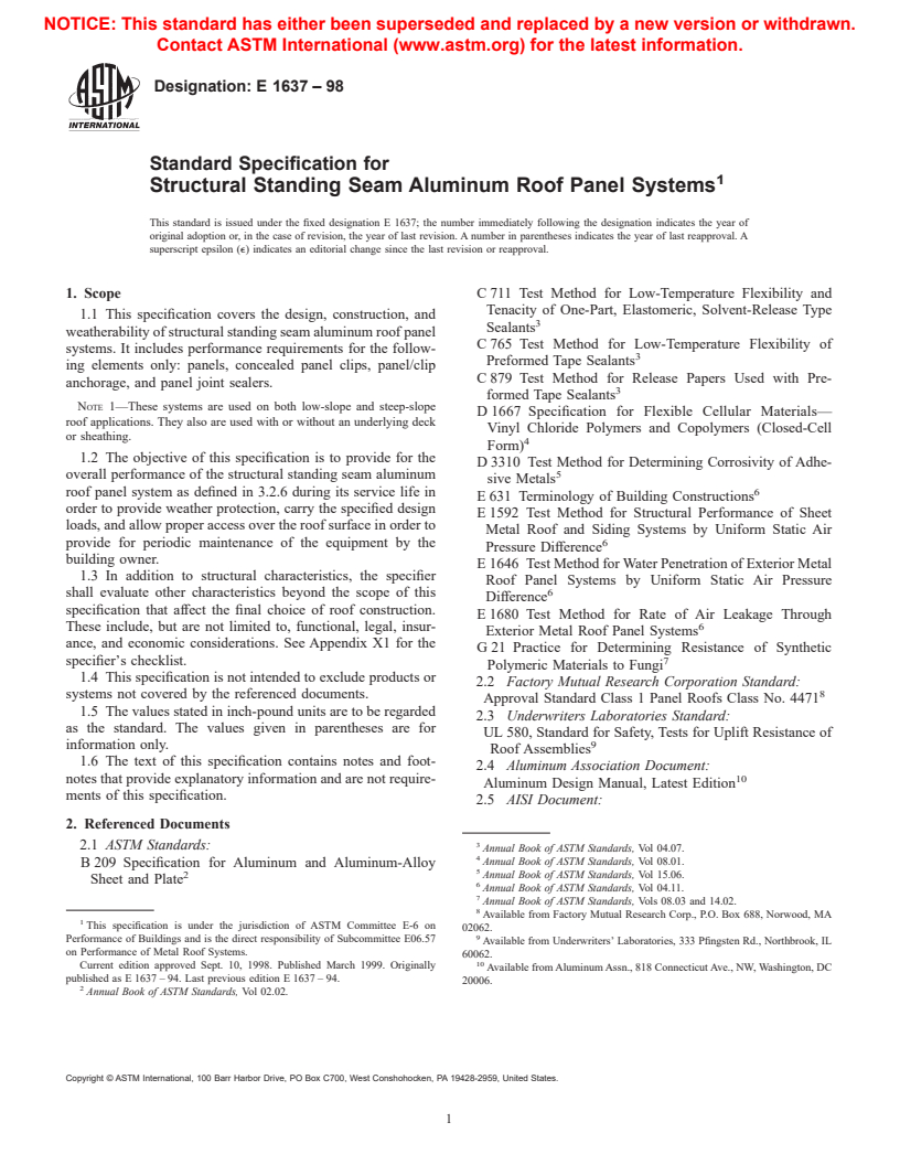 ASTM E1637-98 - Standard Specification for Structural Standing Seam Aluminum Roof Panel Systems