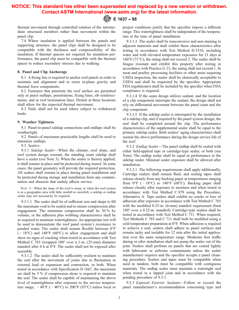 ASTM E1637-98 - Standard Specification for Structural Standing Seam Aluminum Roof Panel Systems