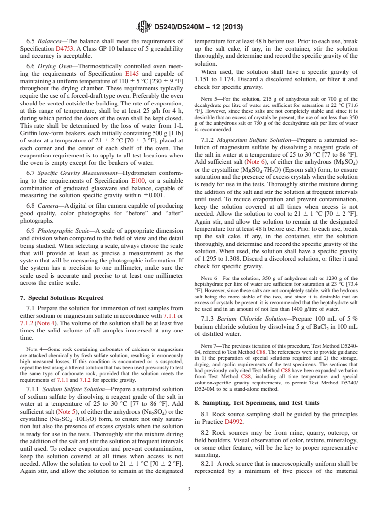 ASTM D5240/D5240M-12(2013) - Standard Test Method for  Evaluation of Durability of Rock for Erosion Control Using  Sodium Sulfate or Magnesium Sulfate