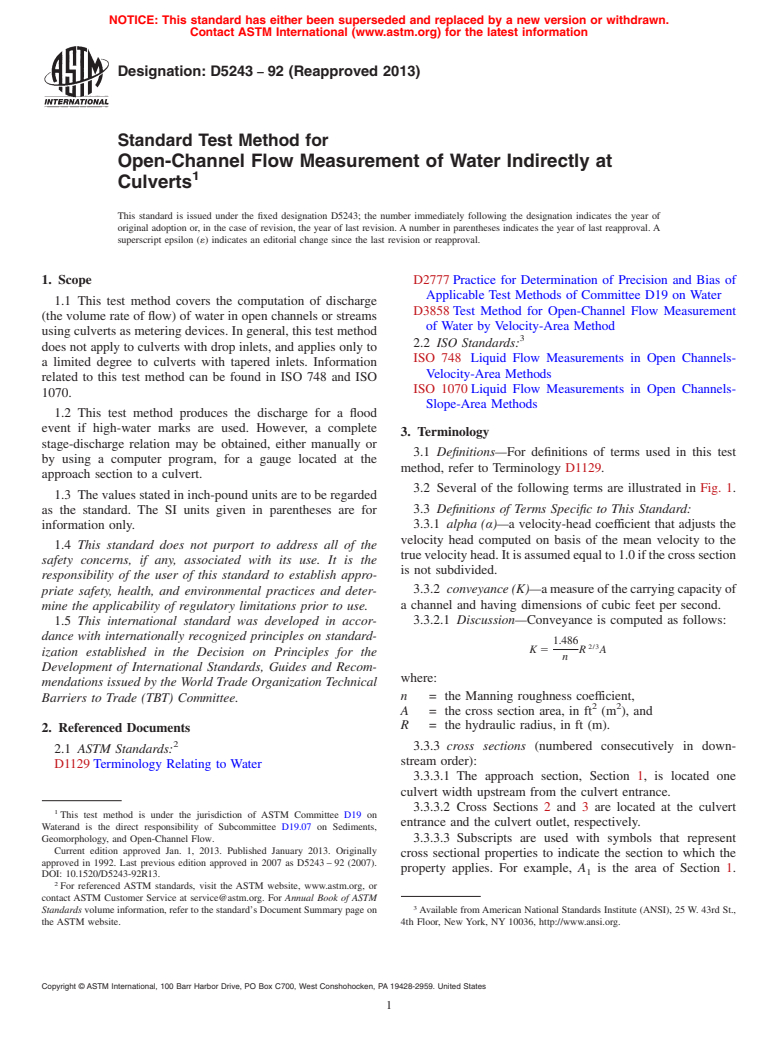 ASTM D5243-92(2013) - Standard Test Method for Open-Channel Flow Measurement of Water Indirectly at Culverts