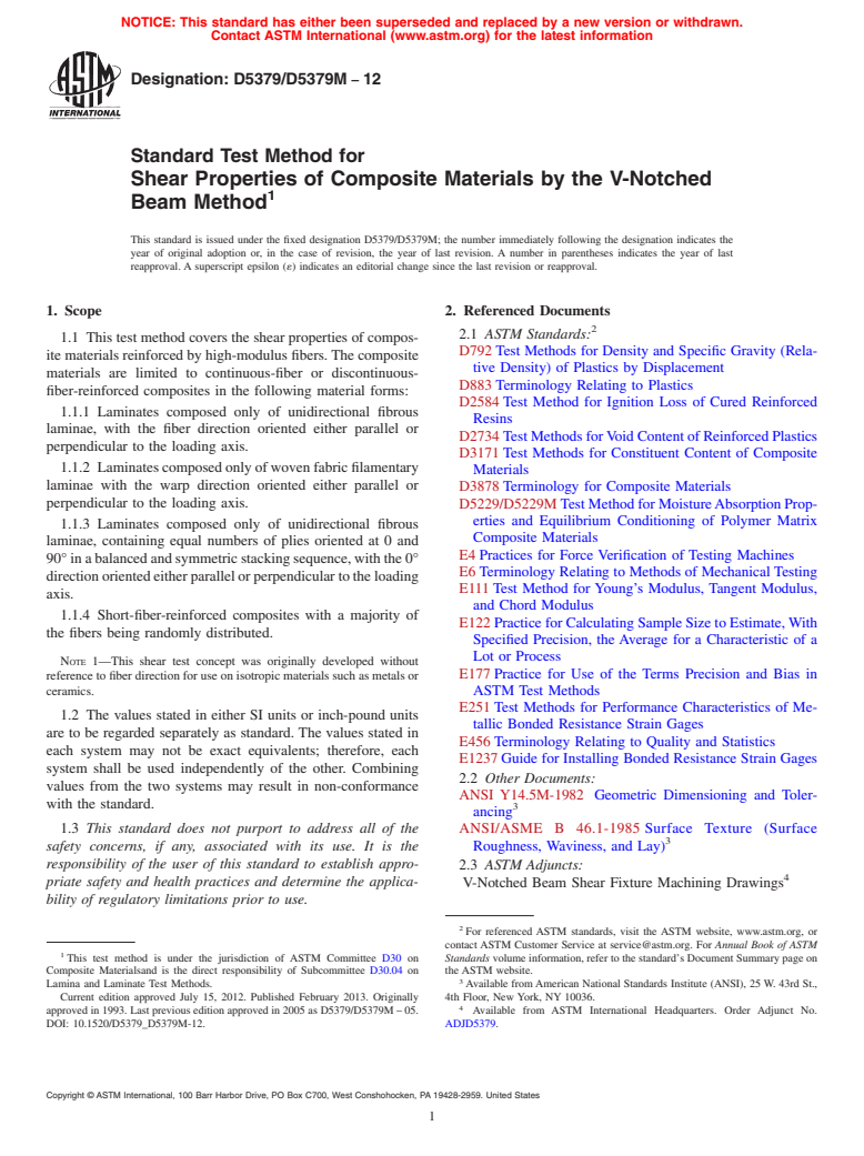 ASTM D5379/D5379M-12 - Standard Test Method for  Shear Properties of Composite Materials by the V-Notched Beam  Method