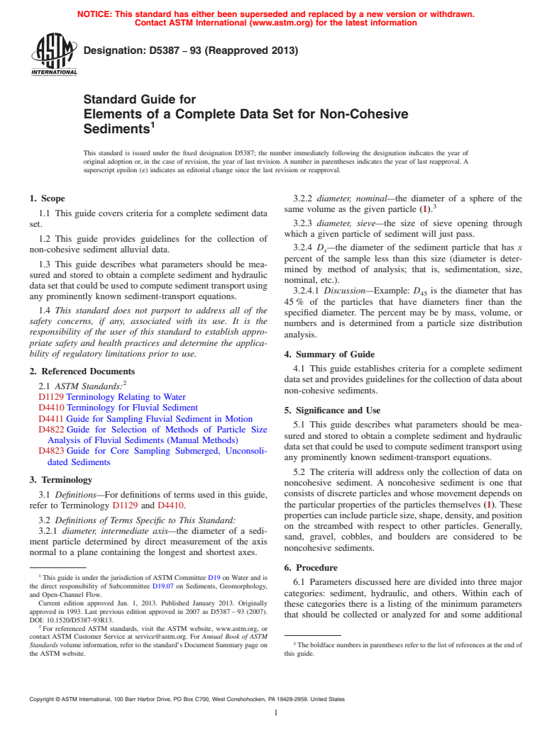 ASTM D5387-93(2013) - Standard Guide for  Elements of a Complete Data Set for Non-Cohesive Sediments