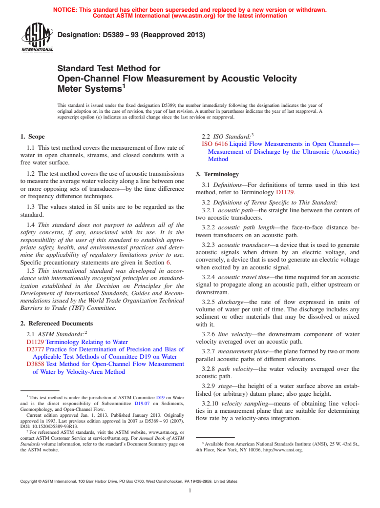 ASTM D5389-93(2013) - Standard Test Method for  Open-Channel Flow Measurement by Acoustic Velocity Meter Systems