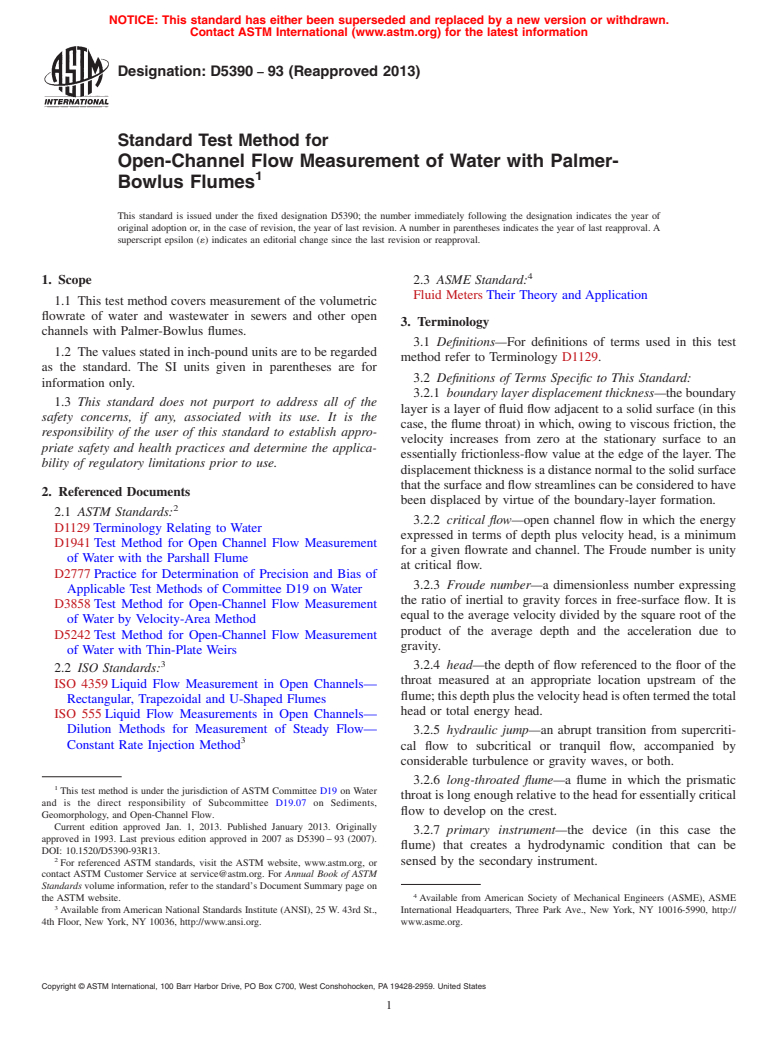 ASTM D5390-93(2013) - Standard Test Method for  Open-Channel Flow Measurement of Water with Palmer-Bowlus Flumes