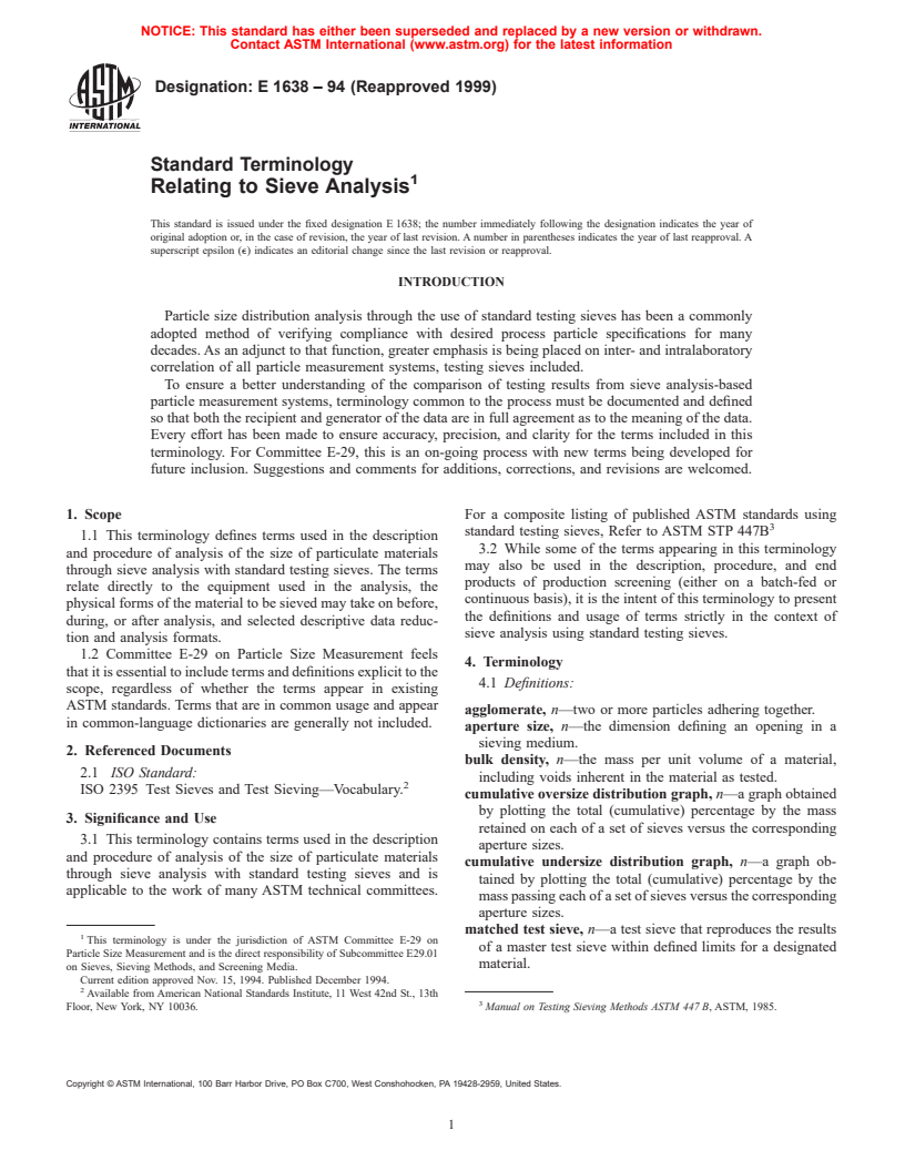 ASTM E1638-94(1999) - Standard Terminology Relating to Sieve Analysis