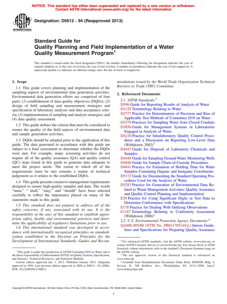 ASTM D5612-94(2013) - Standard Guide for  Quality Planning and Field Implementation of a Water Quality   Measurement Program