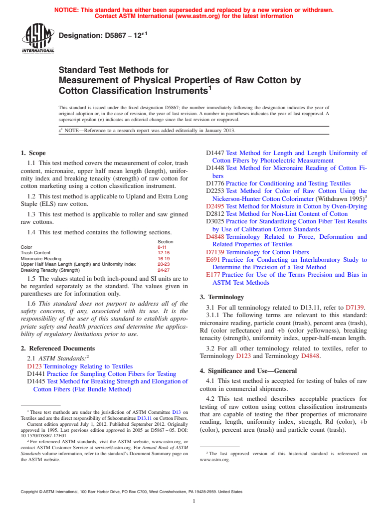 ASTM D5867-12e1 - Standard Test Methods for  Measurement of Physical Properties of Raw Cotton by Cotton  Classification Instruments