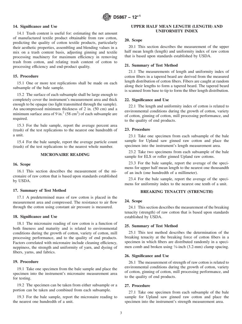 ASTM D5867-12e1 - Standard Test Methods for  Measurement of Physical Properties of Raw Cotton by Cotton  Classification Instruments