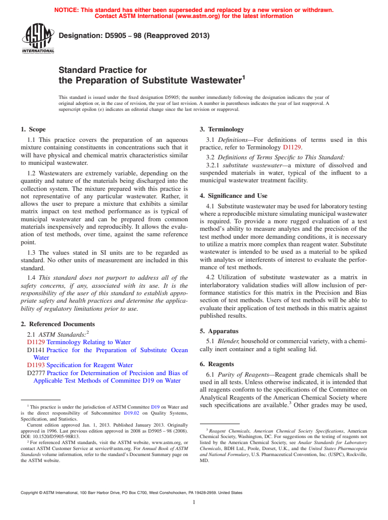 ASTM D5905-98(2013) - Standard Practice for  the Preparation of Substitute Wastewater