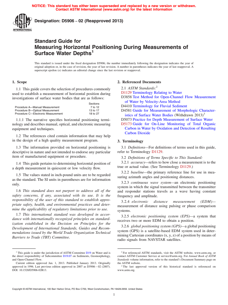 ASTM D5906-02(2013) - Standard Guide for  Measuring Horizontal Positioning During Measurements of Surface   Water Depths