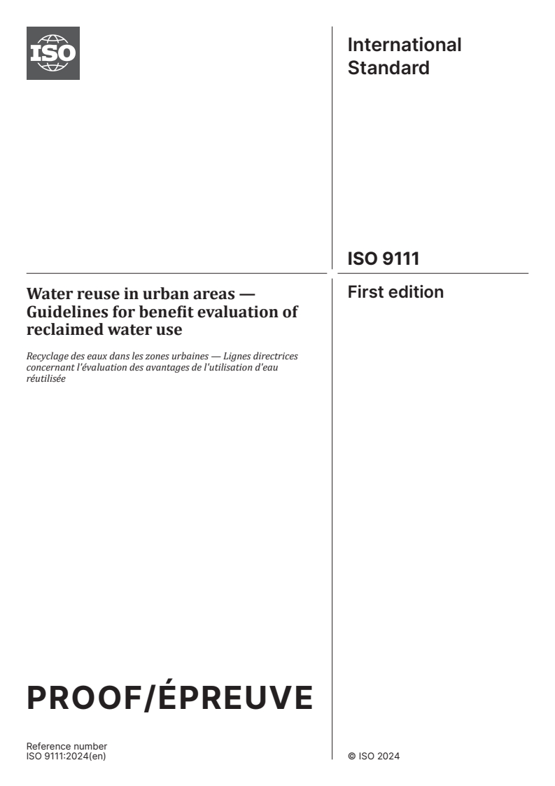 ISO/PRF 9111 - Water reuse in urban areas — Guidelines for benefit evaluation of reclaimed water use
Released:3. 05. 2024