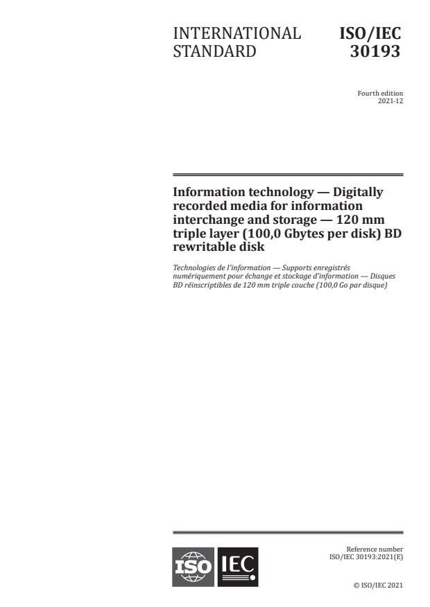 ISO/IEC 30193:2021 - Information technology -- Digitally recorded media for information interchange and storage -- 120 mm triple layer (100,0 Gbytes per disk) BD rewritable disk