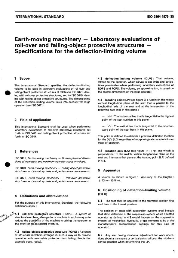 ISO 3164:1979 - Earth-moving machinery -- Laboratory evaluations of roll-over and falling-object protective structures -- Specifications for the deflection-limiting volume