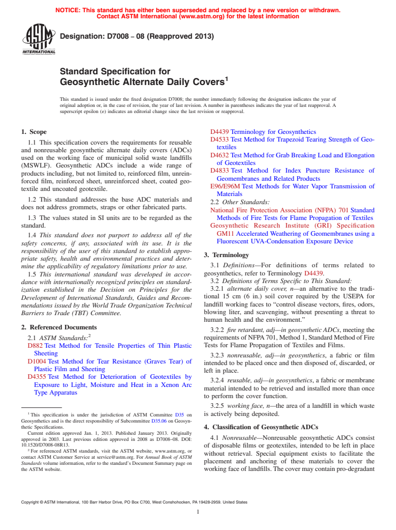 ASTM D7008-08(2013) - Standard Specification for  Geosynthetic Alternate Daily Covers