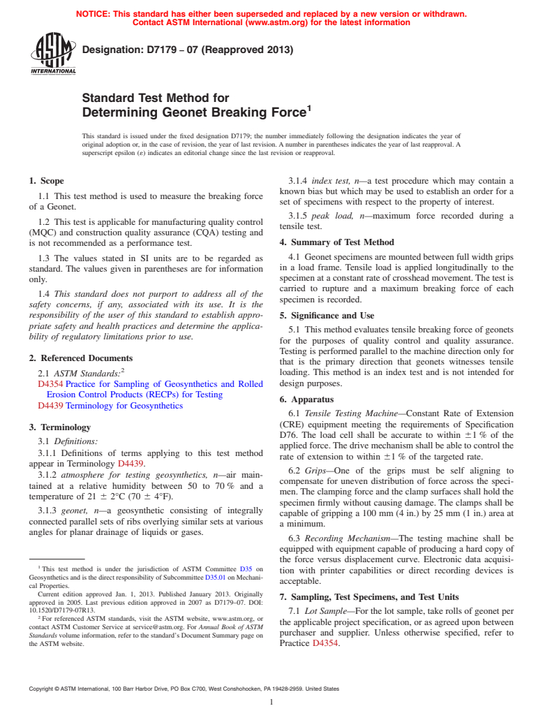 ASTM D7179-07(2013) - Standard Test Method for  Determining Geonet Breaking Force