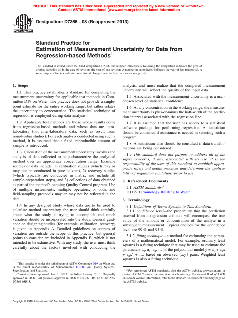 ASTM D7366-08(2013) - Standard Practice for  Estimation of Measurement Uncertainty for Data from Regression-based  Methods