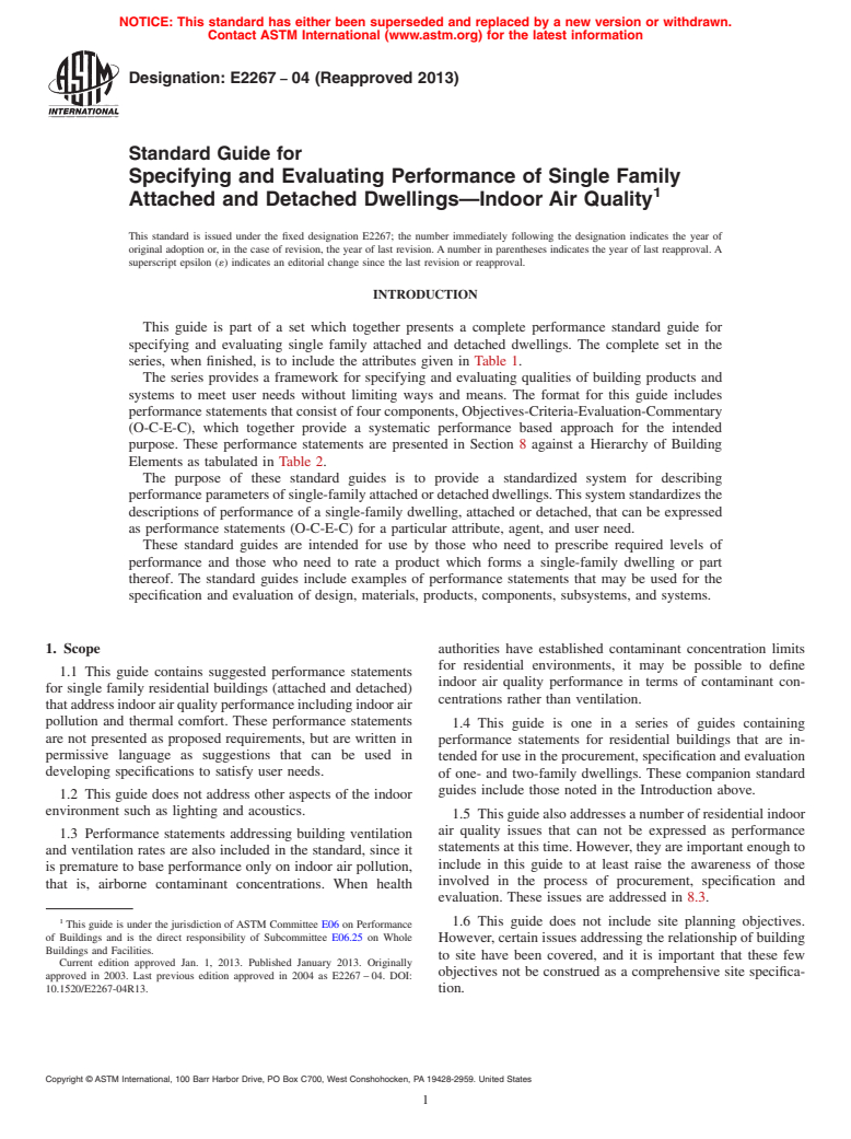 ASTM E2267-04(2013) - Standard Guide for  Specifying and Evaluating Performance of Single Family Attached  and Detached Dwellings&mdash;Indoor Air Quality (Withdrawn 2022)