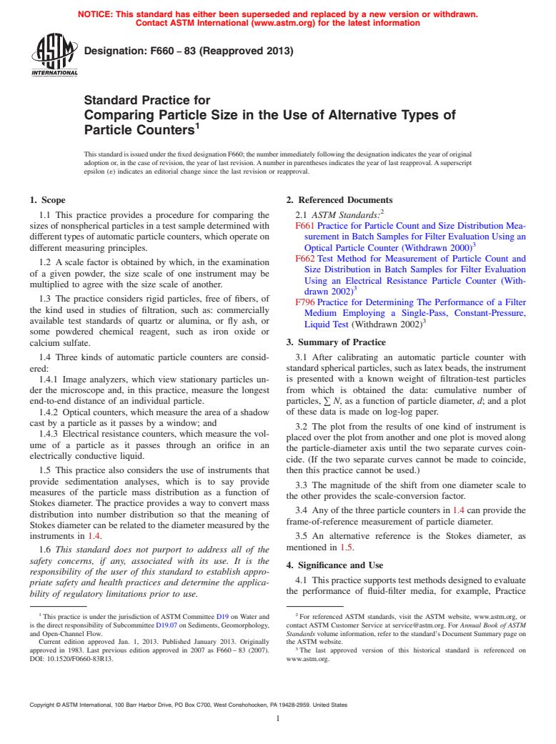 ASTM F660-83(2013) - Standard Practice for  Comparing Particle Size in the Use of Alternative Types of  Particle Counters