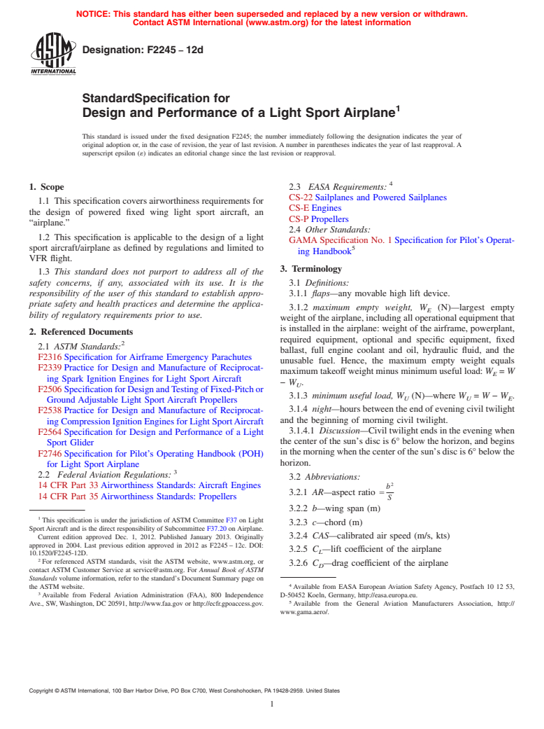 ASTM F2245-12d - Standard Specification for  Design and Performance of a Light Sport Airplane