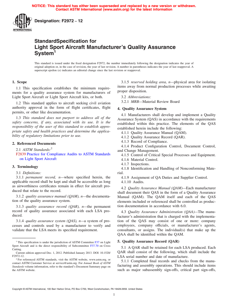 ASTM F2972-12 - Standard Specification for Light Sport Aircraft Manufacturer&rsquo;s Quality Assurance  System