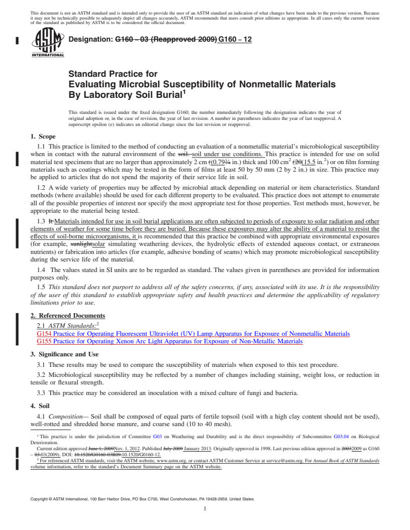 REDLINE ASTM G160-12 - Standard Practice for  Evaluating Microbial Susceptibility of Nonmetallic Materials  By Laboratory Soil Burial