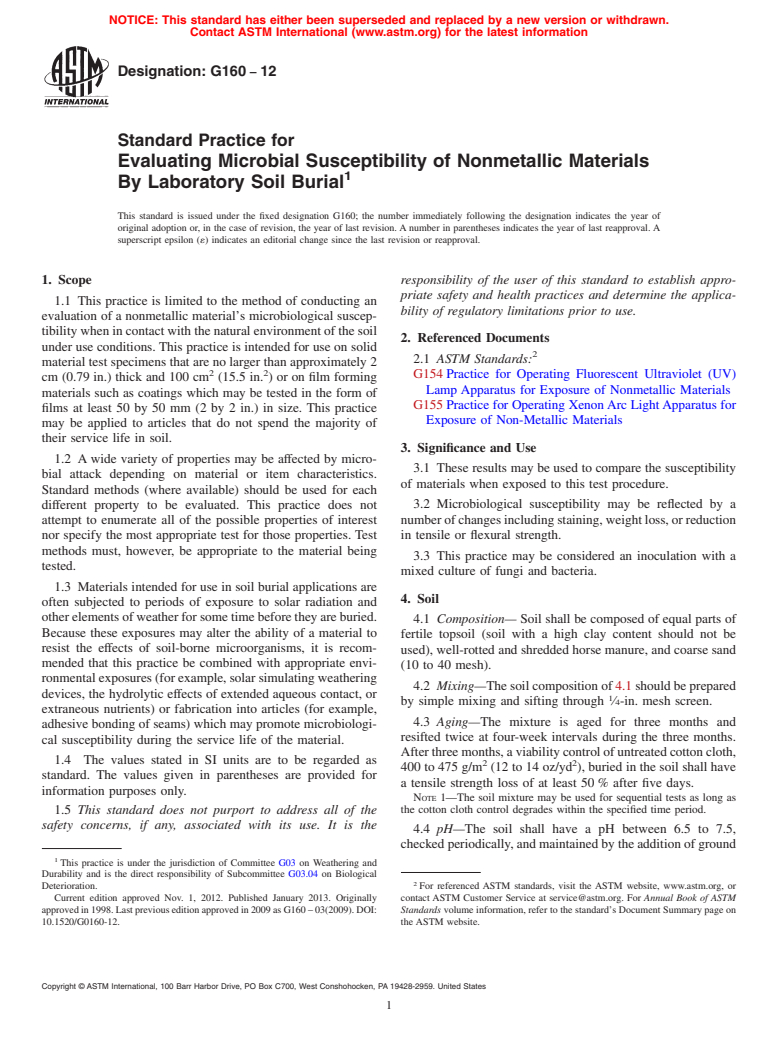 ASTM G160-12 - Standard Practice for  Evaluating Microbial Susceptibility of Nonmetallic Materials  By Laboratory Soil Burial