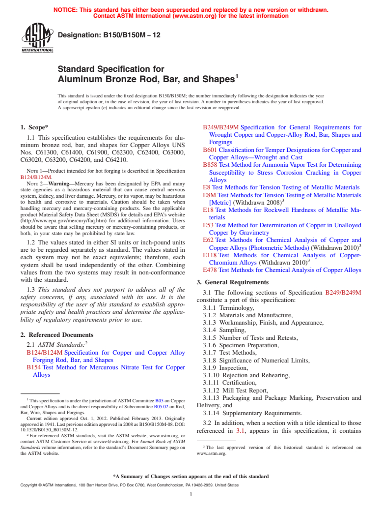 ASTM B150/B150M-12 - Standard Specification for  Aluminum Bronze Rod, Bar, and Shapes