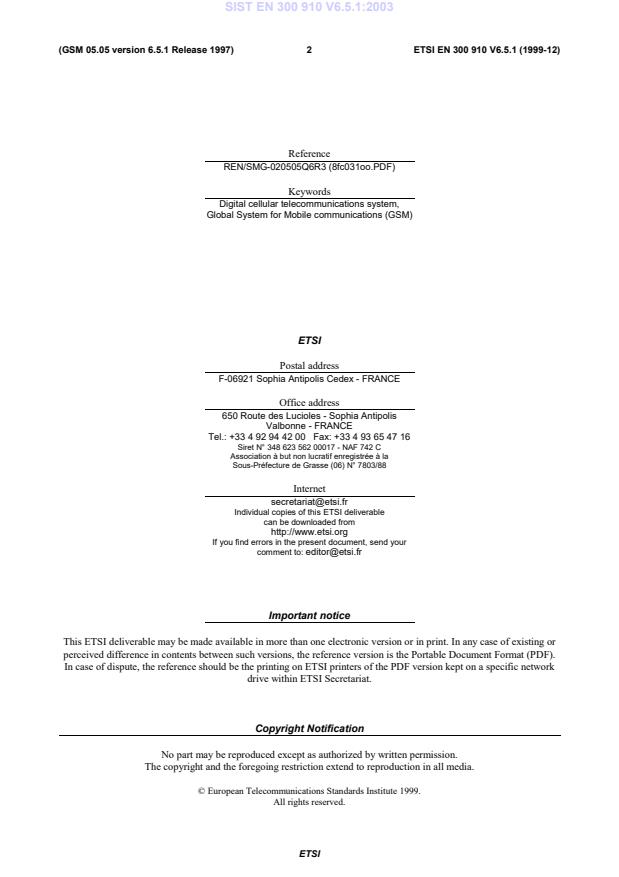 SIST EN 300 910 V6.5.1:2003 SIST EN 300 910 V6.5.1:2003 - Page 4 preview