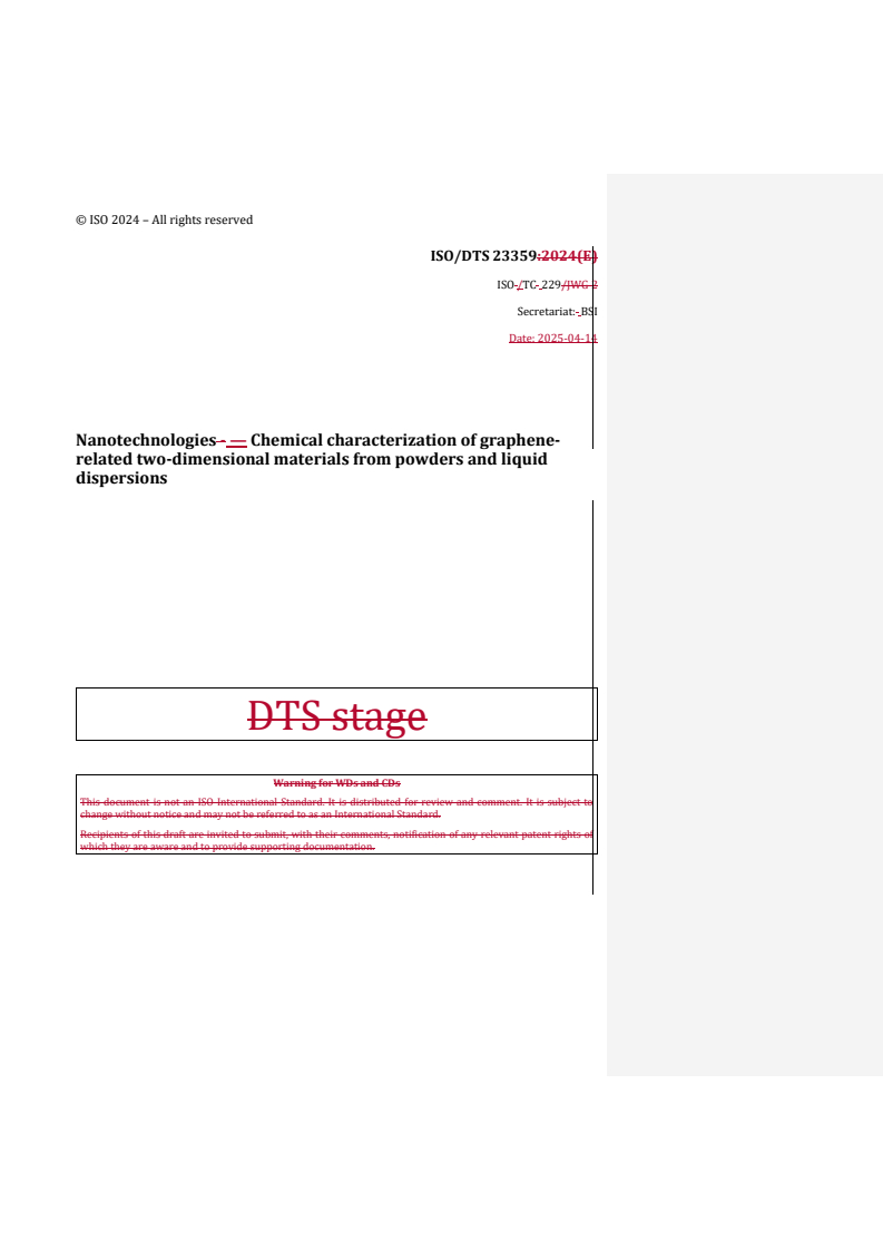 REDLINE ISO/DTS 23359 - Nanotechnologies — Chemical characterization of graphene-related two-dimensional materials from powders and liquid dispersions
Released:15. 04. 2025