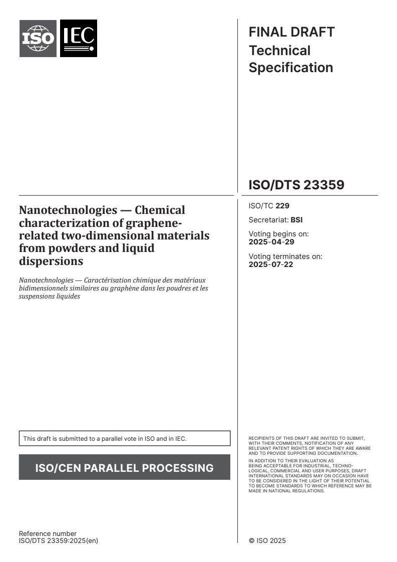 ISO/DTS 23359 - Nanotechnologies — Chemical characterization of graphene-related two-dimensional materials from powders and liquid dispersions
Released:15. 04. 2025
