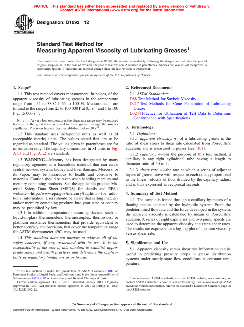 ASTM D1092-12 - Standard Test Method for Measuring Apparent Viscosity of Lubricating Greases