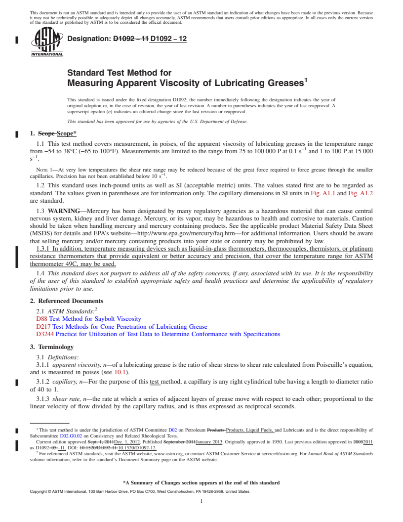 REDLINE ASTM D1092-12 - Standard Test Method for Measuring Apparent Viscosity of Lubricating Greases