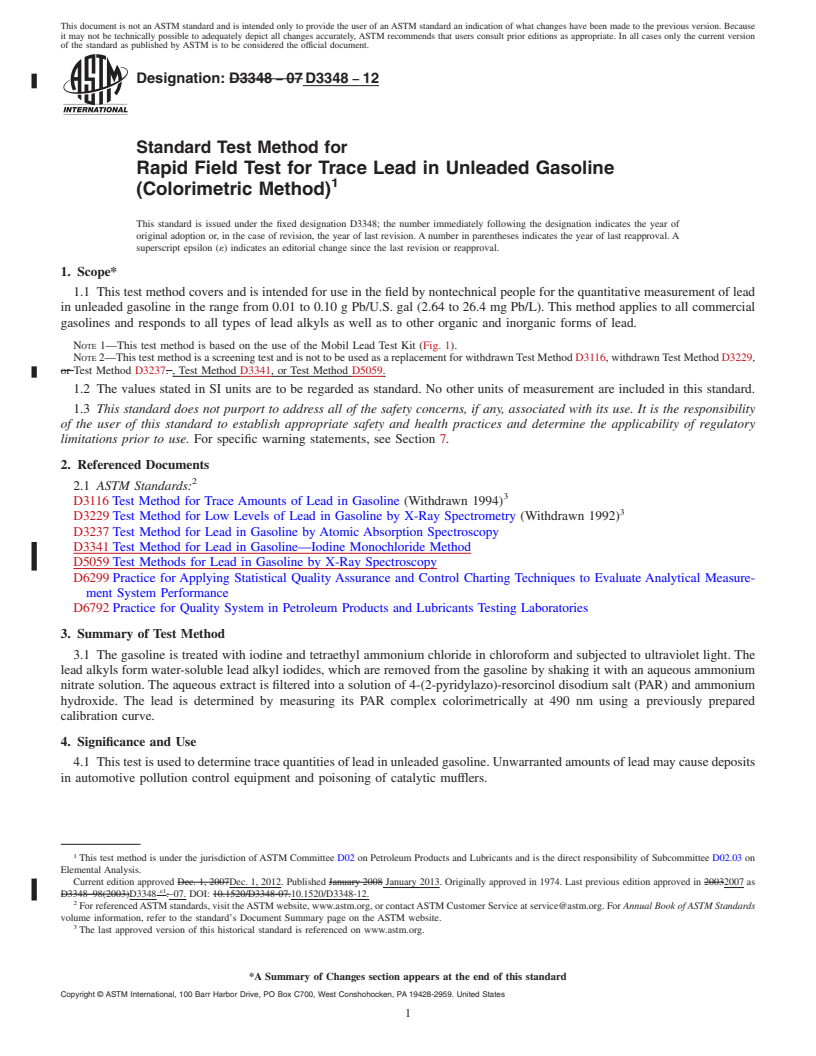 REDLINE ASTM D3348-12 - Standard Test Method for Rapid Field Test for Trace Lead in Unleaded Gasoline (Colorimetric   Method)