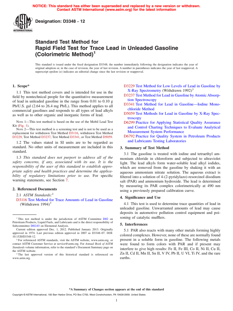 ASTM D3348-12 - Standard Test Method for Rapid Field Test for Trace Lead in Unleaded Gasoline (Colorimetric   Method)