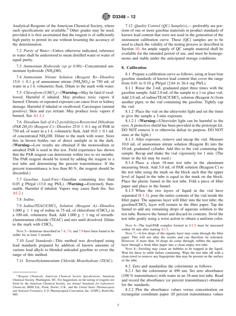 ASTM D3348-12 - Standard Test Method for Rapid Field Test for Trace Lead in Unleaded Gasoline (Colorimetric   Method)