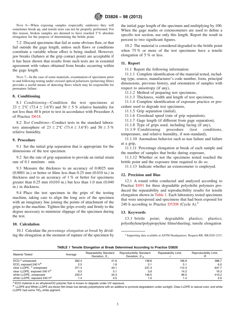 ASTM D3826-98(2013) - Standard Practice for  Determining Degradation End Point in Degradable Polyethylene  and Polypropylene Using a Tensile Test