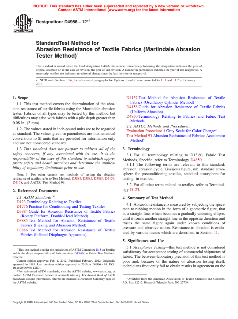 ASTM D4966-12e1 - Standard Test Method for  Abrasion Resistance of Textile Fabrics (Martindale Abrasion  Tester Method)