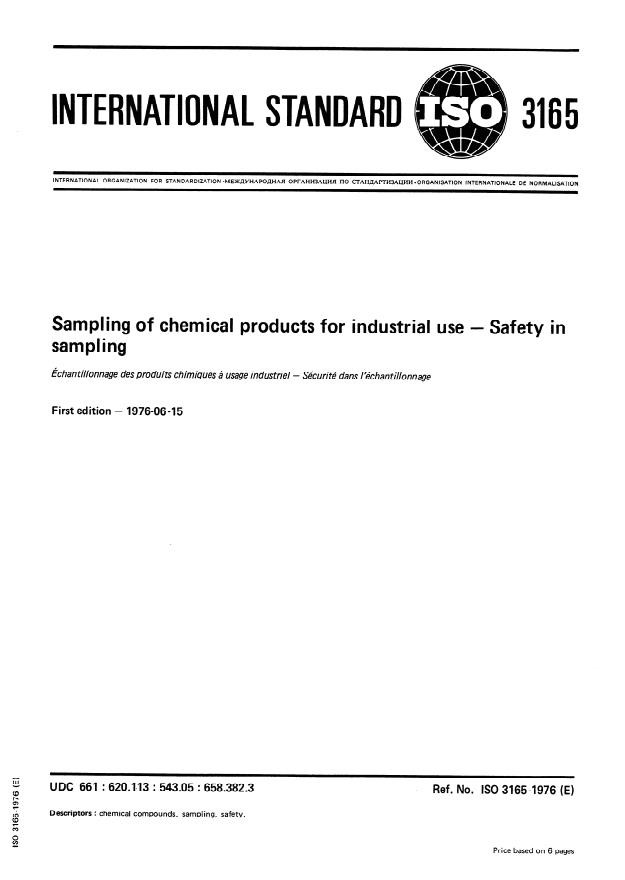 ISO 3165:1976 - Sampling of chemical products for industrial use -- Safety in sampling
