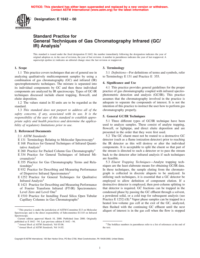 ASTM E1642-00 - Standard Practice for General Techniques of Gas Chromatography Infrared (GC/IR) Analysis