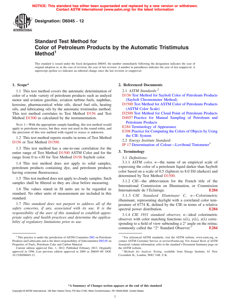 ASTM D6045-12 - Standard Test Method for Color of Petroleum Products by the Automatic Tristimulus Method