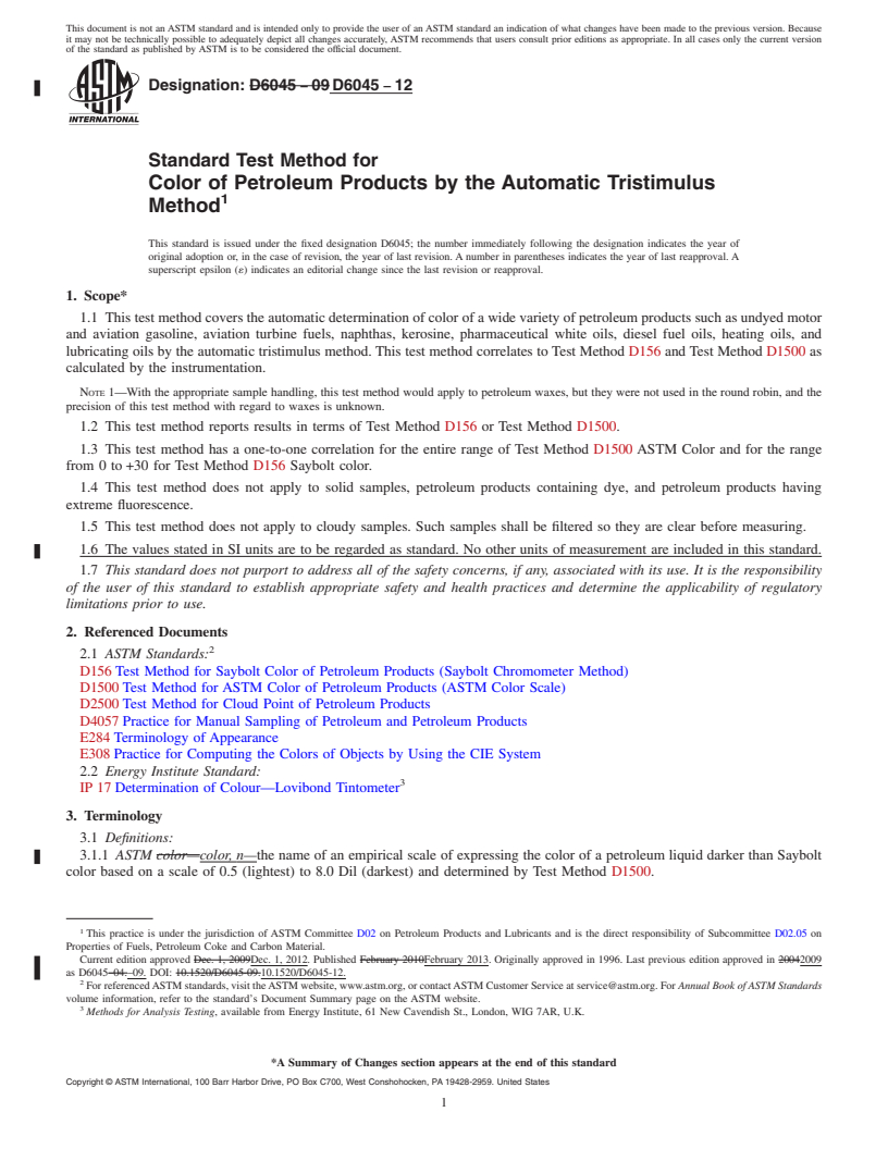 REDLINE ASTM D6045-12 - Standard Test Method for Color of Petroleum Products by the Automatic Tristimulus Method